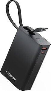 Ambrane 20000mAh Small Pocket Size Powerbank, Hanging InBuilt Type C Cable, 22.5W